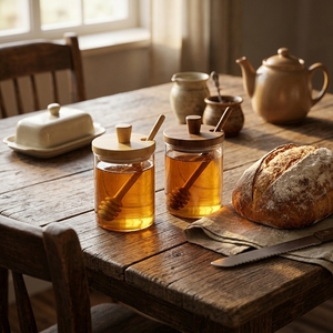 Barattolo per <span class=keywords><strong>Miele</strong></span> in Vetro Borosilicato con Cucchiaio in Legno e Coperchio in Legno di <span class=keywords><strong>Acacia</strong></span>, Contenitore Ecologico per <span class=keywords><strong>Miele</strong></span> e Sciroppo, Dispenser da 450ml - Product Image 5