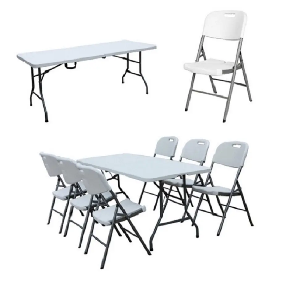 6ft 180cm demi-plastique HDPE cadre en acier massif HDPE dessus de table fête salle à manger location plastique tables et chaises de fête pliantes en plein air
