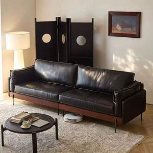 Canapé design vintage en bois massif de style français, en forme de L, recouvert de cuir véritable, pour petits appartements et gîtes - Product Image 1