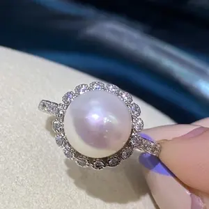 ¥ 100% 真淡水珍珠戒指配925纯银可调节戒指大号10毫米AAAA天然珍珠饰品