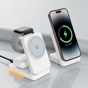 Support de charge sans fil magnétique pliable <span class=keywords><strong>3</strong></span>-en-1 15W avec veilleuse LED et station de charge multifonctionnelle pour téléphone, montre et écouteurs avec lampe - Product Image 1