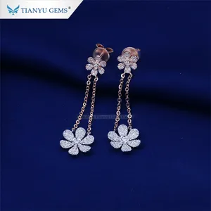 Tianyu 보석 핫 세일 작은 꽃 모양 긴 펜던트 귀걸이 14k 로즈 화이트 골드 다이아몬드 귀걸이