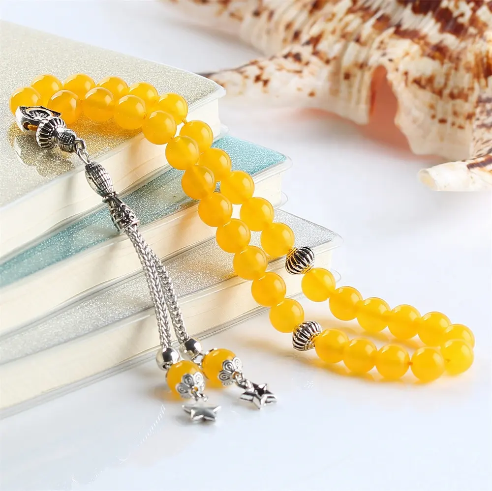Natürlicher gelber Achat 33 Perlen Muslimischer Rosenkranz Armband Stein Tasbih Großhandels preis Mode Islamische Gebets perlen