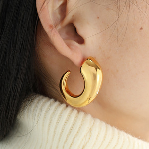 Geometric C-Shaped Gold <b>Hoop</b> Earrings Stainless Steel For Women Fashion Jewelry - Product Image 3