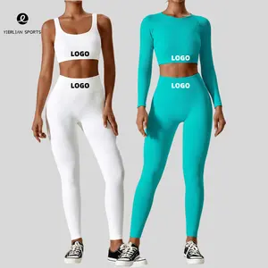 Custom Hot Sale High Quality Waist Long Sleeve Women Sexy Fitness Ribbed Woman Seamless 2 Piece GYM Workout Yoga Set Wear Sets