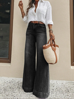 Jeans de Mujer Vintage Negros Lavados, Pantalones Vaqueros Acampanados Holgados, Estilo Casual Urbano Francés para el Día a Día