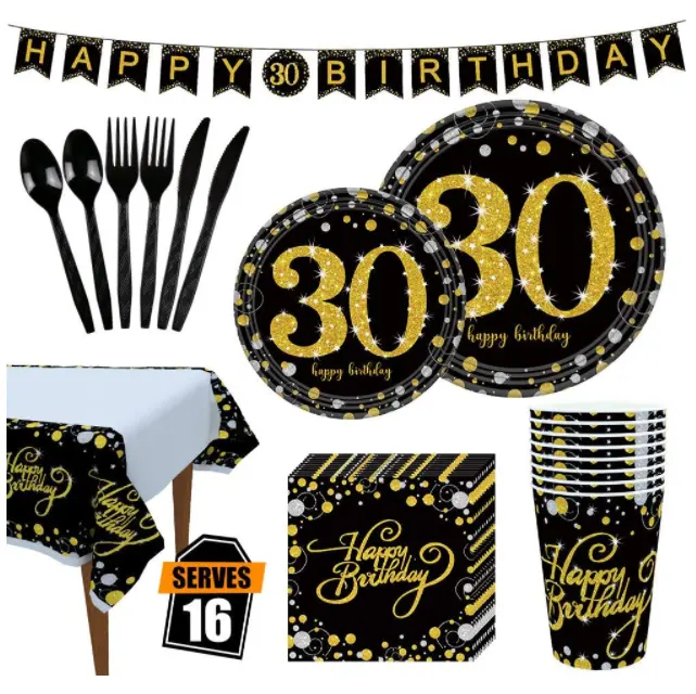 Black Gold Cheers to 30th Birthday Party disposable dinnerware set Paper Dishes Cups Napkins Cutlery Tablecloth Banners Supplies