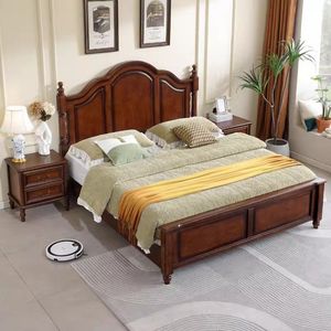 Cama de Madera Maciza Estilo Americano de 1.8M, Cama Doble con Almacenamiento, Muebles para Dormitorio Principal, Artesanía en Madera de Caucho - Product Image 3
