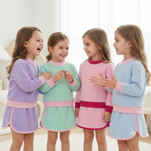 Set coordinato gonna e felpa girocollo patchwork personalizzabile per bambine in French Terry, collezione Autunno Inverno 2026 - Vendita all'ingrosso - Product Image 1