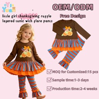 Ensemble 2 pièces personnalisé pour Thanksgiving : Haut tunique à manches longues superposé à volants et pantalon évasé rayé à volants, motif dinde et citrouille