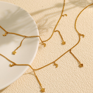 Collar de aleación de zinc con forma de estrella y luna, color dorado, cadena larga con colgante para regalo - Product Image 2