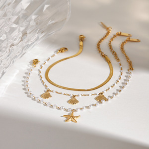 Collar de Perlas con Colgante de Estrella de Mar, Chapado en Oro de 18K, Acero Inoxidable, Joyería Unisex para Uso Diario, Cadena de Perlas Blancas - Product Image 2