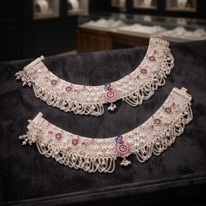 Tobilleras de Plata de Ley 925 con Diseño de Filigrana Intrincado, Detalles Florales Coloridos y Estilo Tradicional Elegante para Mujer - Product Image 2