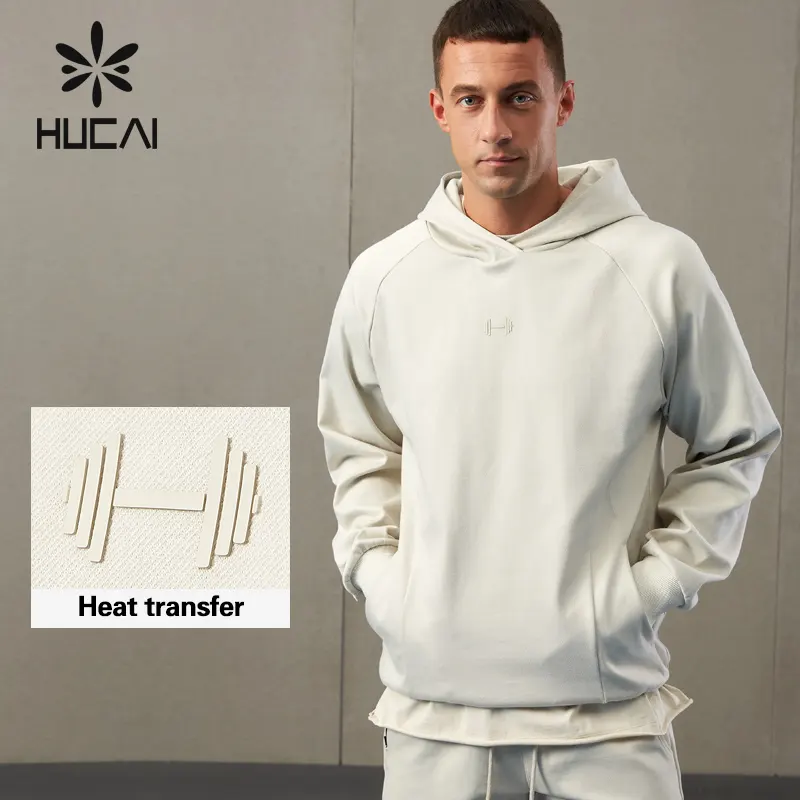 HUCAI OEM línea de alta calidad sentido diseño estructural algodón nylon transferencia de calor personalizado hombres fitness deportes gimnasio sudaderas con capucha