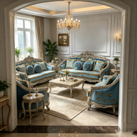 Ensemble de canapés complets en velours tufté bleu ciel, avec cadre en bois massif sculpté à la main blanc antique, pour salon de style palais français