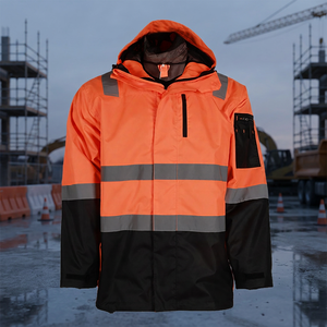 Reflective Hi <b>Vis</b> ANSI Class 1 Safety <b>Jacket</b> for Men <b>Orange</b> Waterproof Polyester Rain <b>Jacket</b> with Hood - Product Image 5