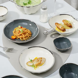 Vaisselle en céramique de luxe à bord <span class=keywords><strong>argent</strong></span>é, bol en <span class=keywords><strong>porcelaine</strong></span> blanc gris, vaisselle, <span class=keywords><strong>assiette</strong></span>, vaisselle de ménage, vente en gros - Product Image 2