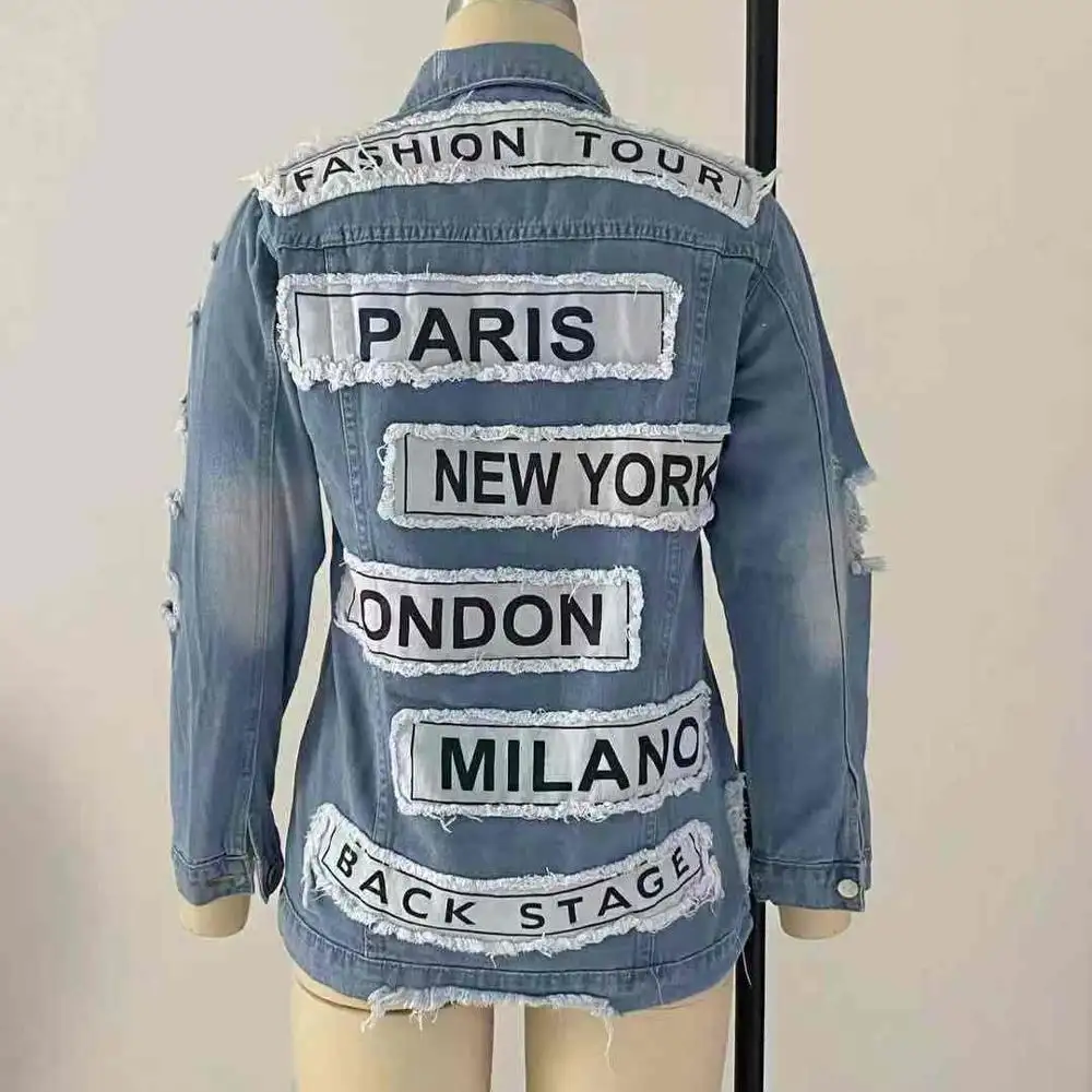 2023 sıcak satış moda mektup patchwork kot ceket kadın uzun kollu denim mont streetwear
