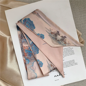 All'ingrosso da <span class=keywords><strong>donna</strong></span> Vintage con stampa a inchiostro in raso di seta sciarpa per borse lunghi nastri sciarpa per capelli da <span class=keywords><strong>collo</strong></span> per <span class=keywords><strong>donna</strong></span> - Product Image 3