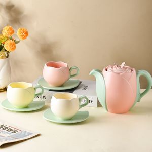 Juego de Taza y Platillo de Cerámica Estilo Japonés con Diseño de Tulipán, Taza de Té para Desayuno de 100 ml, Linda Taza de Espresso con Plato con Diseño de Hoja - Product Image 4