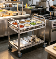 Chariot de transport en acier inoxydable pour bouteilles d'eau et assaisonnements de cuisine commerciale pour hôtels