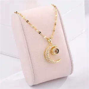 New Arrival 18K Gold Plated Stainless Steel 100 Language I Love You Necklace Moon Pendant Necklace for Women