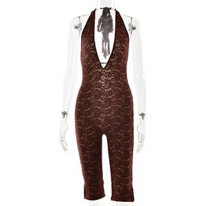 Combinaison sexy dos nu en dentelle pour femme, col halter, décolleté plongeant, haute élasticité, coupe ajustée, tenue de soirée FDL2067 - Product Image 5