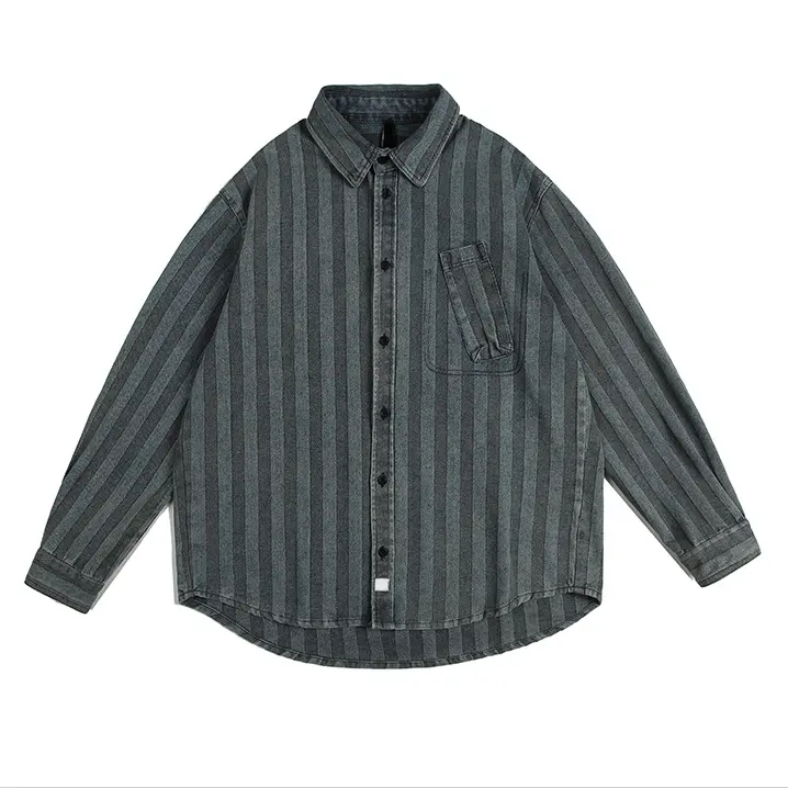 Camisa de retazos de rayas verticales 100% algodón manga larga cuello vuelto estilo japonés camisas con botones para hombres