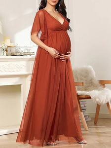 Vestidos de Noche de Maternidad con Cuello en V, Manga Corta, Tul Transparente, Largos hasta el Suelo, Vestidos Formales de Fiesta para Mujeres Embarazadas, Estilo Europeo Americano - Product Image 3