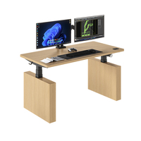 Bureau debout modulaire moderne jaune à grain de bois massif, double moteur, réglable en hauteur, électrique, pour usage commercial