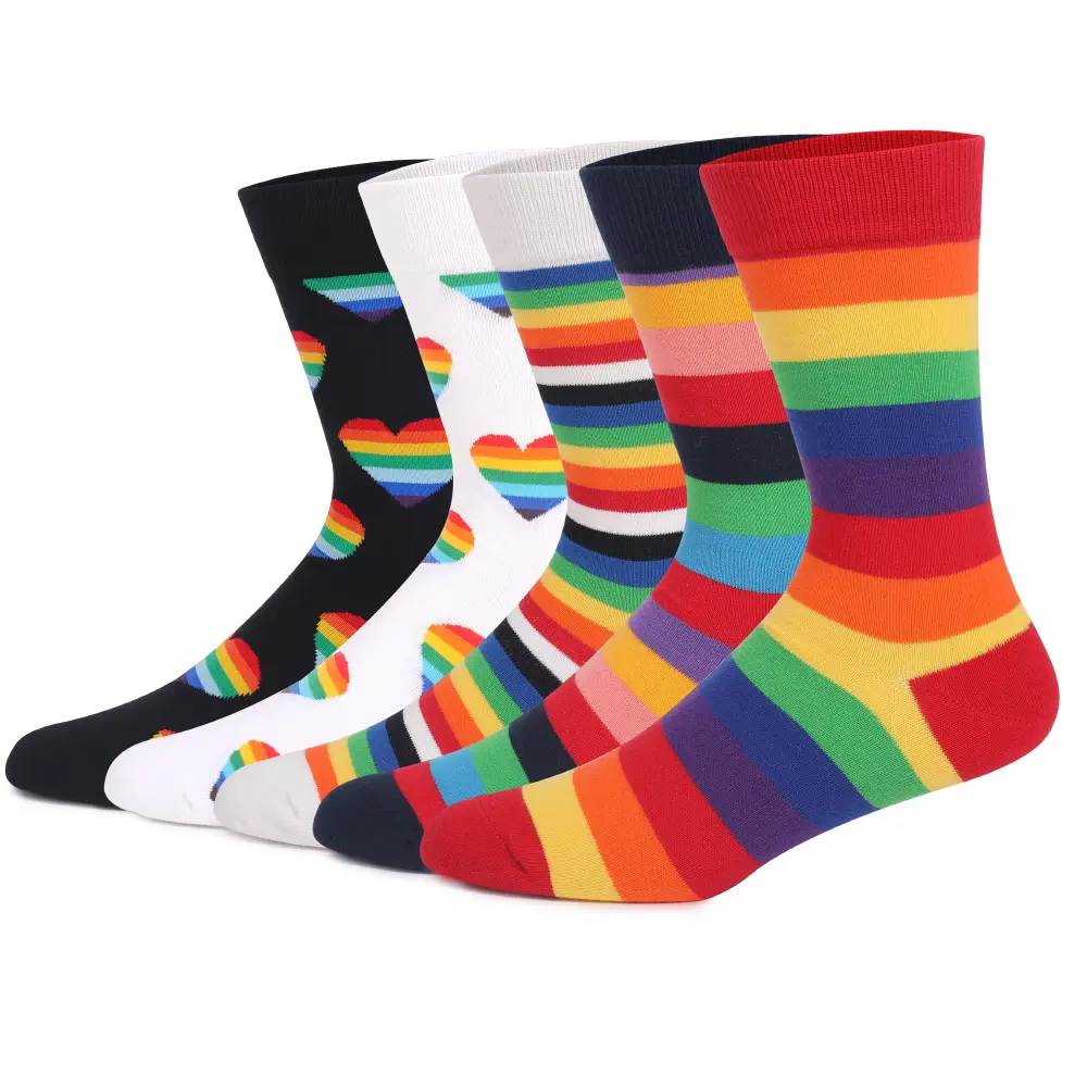 Colorful Rainbow Heart Funny Pattern Socks Men Cotton Fashion Crew Casual Dress Socks