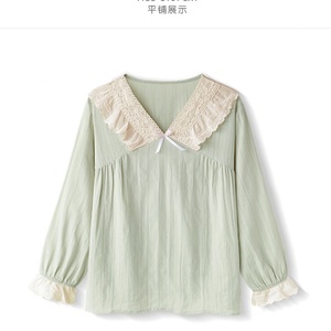 Conjunto de Pijama de Dos Piezas de Algodón 100%, Sexy, Sólido, de Manga Larga, Transpirable, Cintura Elástica, Corte Holgado - Product Image 3