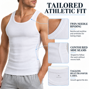 Camiseta sin mangas acanalada 1x1 blanca para <span class=keywords><strong>hombre</strong></span>, 100% algodón, transpirable, cuello redondo, estilo tropical, para vacaciones de verano en la playa - Product Image 5