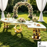 Nouvelle table de banquet de luxe en acier inoxydable doré en forme de S, avec plateau en verre haut de gamme et base ajourée, pour mariage