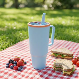 Gobelet isotherme en plastique bleu mat grande capacité 40 oz avec poignée, paille et couvercle pour le bureau, la voiture et les voyages, bouteille d'eau avec logo personnalisé - Product Image 1