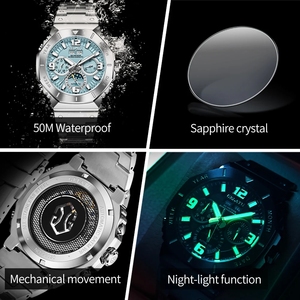 Montre mécanique GELATU 6030 pour homme, cadran multifonctionnel, design angulaire, fonction éclairage nocturne, étanche 50m - Product Image 6