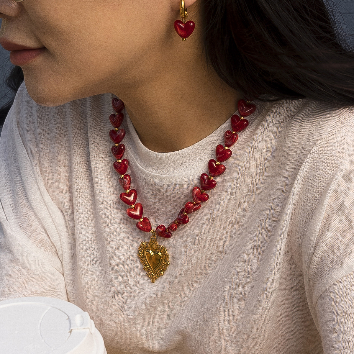 jewelry set 18k gold red ruby heart