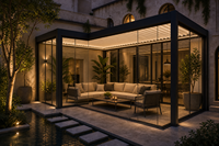 Pergola motorisée en aluminium à lames orientables en forme de L de la série RK-C2 RKOVE avec panneaux en verre pour patio arrière