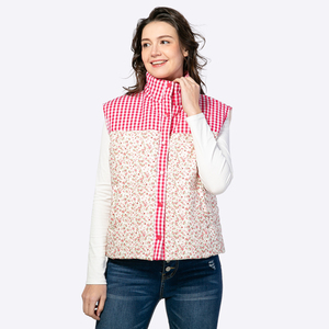 Chaleco Acolchado de Invierno para Mujer, con Cuello Alto, Diseño a Cuadros y Parches Florales, Sin Mangas, Fabricante - Product Image 1