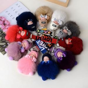 Porte-clés mignon en fourrure de renard véritable avec pompon pour femme, pendentif pour sac, accessoires de clés de voiture, cadeau pour fille, poupée en peluche, porte-clés de couple - Product Image 1