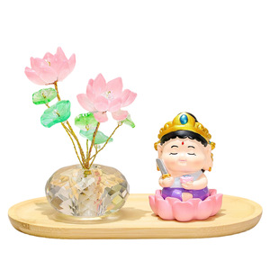 Figurine en résine Bouddha Lotus porte-bonheur de dessin animé avec vase en cristal, décoration d'intérieur pour salon, cadeau de pendaison de crémaillère - Product Image 5