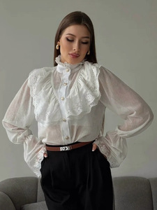 Áo kiểu nữ Xuân 2025 chất liệu chiffon thời trang, cổ đứng, viền bèo, thiết kế mới - Product Image 5