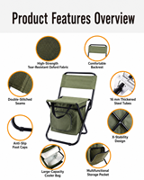 Chaise de pêche pliable portable avec cadre en fer, dossier, sac isotherme et pochette de rangement pour camping en plein air, jardin, pique-nique, voyage