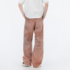 <span class=keywords><strong>Vaqueros</strong></span> casuales de pierna recta para <span class=keywords><strong>hombre</strong></span>, de la marca americana de moda, con doble rodilla, color rosa, efecto desgastado y lavado a la tinta, estilo workwear tipo cabaña. - Product Image 3