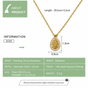 Collier en zircon en forme de larme, acier inoxydable, plaqué or 14 carats, chaîne avec pendentif, 39,5 + 5,5 cm, 2,5 g - Product Image 2