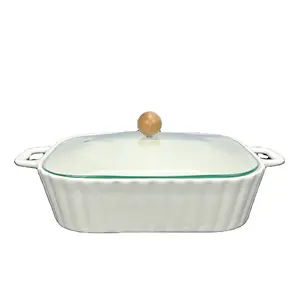 Casserole en céramique blanche de 15 "ensemble de vaisselle en céramique porcelaine plateau de cuisson en porcelaine avec couvercle en verre moules à rôtir