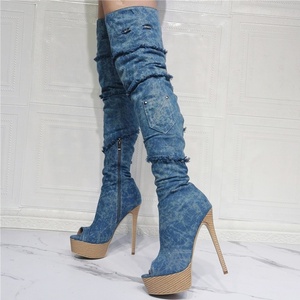 Bottes hautes à plateforme et talons hauts pour femmes, avec fermeture éclair, bout ouvert, en jean bleu, grande taille 47 - Product Image 5