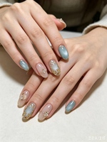 Uñas Postizas Color Azul Hielo, Uñas Acrílicas en Forma de Almendra, Uñas Artificiales Hechas a Mano