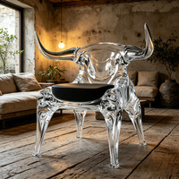 Fauteuil en cristal transparent en forme de tête de taureau avec coussin en cuir noir pour la décoration de maison de luxe