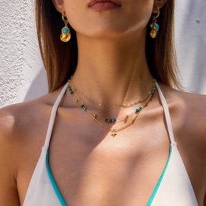 Collar de Acero Inoxidable Chapado en Oro de 18K, Joyería Hipoalergénica Impermeable, Colgante de Estrella de Piedra Natural Azul, Collar de Tres Capas - Product Image 3